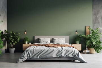 Bed in modern bedroom interior. Green home design. Decor background for house design