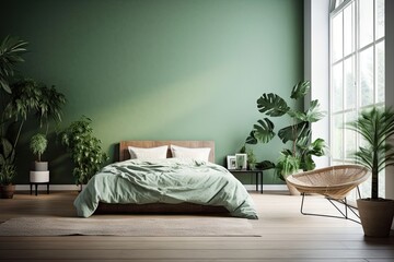 Bed in modern bedroom interior. Green home design. Decor background for house design