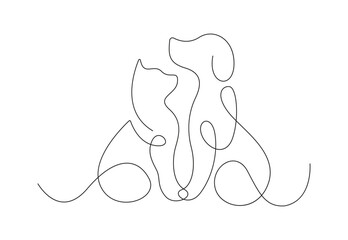 Poster - Continuous one line art of dog and cat vector illustration. Pro vector.
