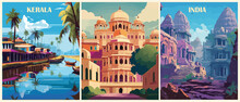 Set Of Travel Destination Posters In Retro Style. India, Kerala Prints. Exotic Summer Vacation, International Holidays, Travelling, Tourism Concept. Vintage Vector Colorful Illustrations.