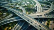 Aerial top view of multilevel junction ring road as seen on road motorway interchange with car traffic, generative ai