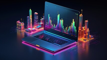 Poster - Application of laptop business graph and analytics data on isometric laptop. Analysis trends and financial strategy by using infographic chart. Online statistics, data Analysis with generative ai