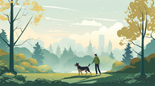 People Walking With Dogs In Autumn Urban Park. Vector Landscape In Cartoon Style. Urban Park With Dog And People Walk Illustration