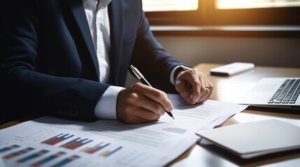 Poster - Businessman working on documents on the desk, data analysis of financial figures and business investments, generative ai