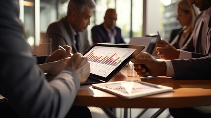 Poster - Business people working on laptop, Business team analyzing income charts and graphs with modern laptop computer. Close up.Business analysis and strategy, generative ai
