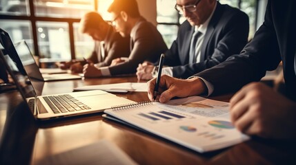 Poster - people working in office, business people brainstorming at office desk analyzing financial reports a