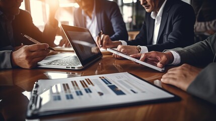 Poster - businessman working on laptop, Business people brainstorming at office desk analyzing financial reports and pointing out financial data on a sheet, generative ai