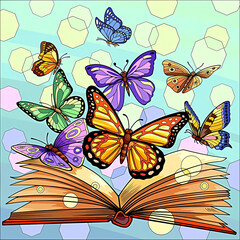 Wall Mural - Illustration of a colorful butterflies  over a book