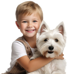 Portrait of smiling little boy holding a highland terrier dog isolated on white background as transparent PNG