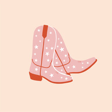 Cowboy Boots With Stars Print. Cowgirl Boots. Western And Wild West Theme. Party Poster, Banner Or Invitation. Hand Drawn Vector Illustration