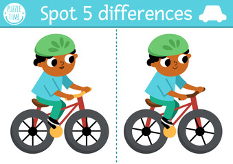 Wall Mural - Find differences game for children. Transportation educational activity with cute boy riding bike. Cute puzzle for kids with transport. Printable worksheet or page for logic and attention skills.