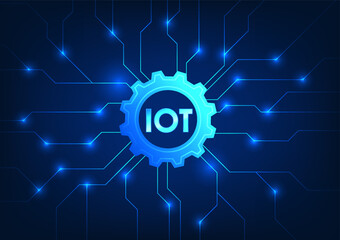 Poster - Internet of things technology that uses a wireless signal to connect to tech equipment to work on command Iot font is inside the cog, perfectly integrated with the technology circuit board.