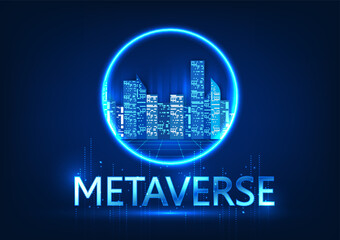 Poster - Metaverse Technology Intelligent city inside a circle with the word Metaverse The media is a technology to create a virtual world, even creating an ideal city for users to visit.
