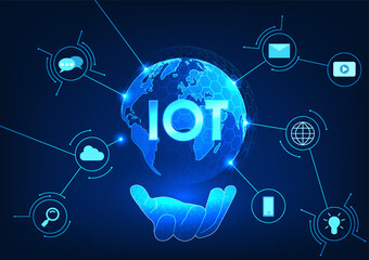Poster - Internet of Things technology The hand holding a globe inside has the letters IOT with a circuit line connected to the icon. The Internet of Things technology concept is used all over the world