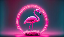 Elegant Pink Neon Flamingo In A Circle, Retro, 90s