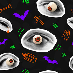 Wall Mural - Seamless background for decoration of Halloween. Halftone eyes with doodles. Trendy vector illustration in collage style. Halloween seamless pattern with halftone collage elements and doodles.