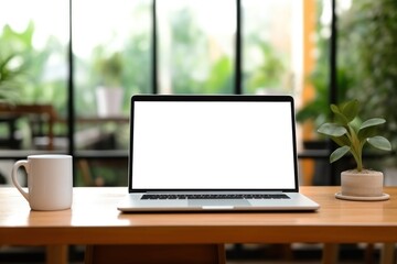 Workspace with laptop computer empty screen and office supply on wooden table, Ai generate