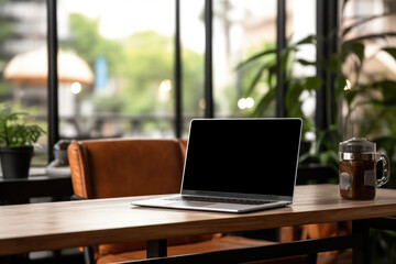Fototapete - Workspace with laptop computer empty screen and office supply on wooden table, Ai generate