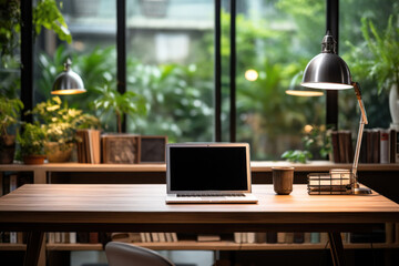 Fototapete - Workspace with laptop computer empty screen and office supply on wooden table, Ai generate