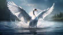 A Whimsical Image Of A Graceful Swan Leaping Into A Lake, Captured From Below As It Creates A Serene Ripple In The Water. Generative AI. 