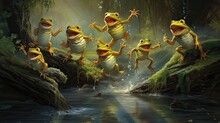 An Entertaining Underwater View Of A Group Of Jumping Frogs, Caught In Mid-air As They Leap Into A Pond, Each Frog Appearing To Have A Unique Expression. Fairy Tale Image. Generative AI.