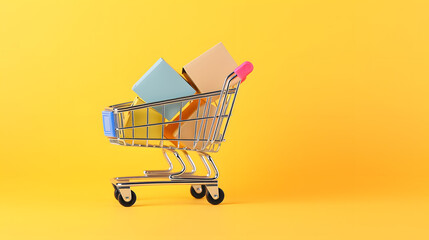 Small paper shopping bags with shopping cart on yellow background