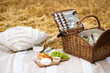 Delicious colorful picnic in the lavender field in the sunny day. Wine and three wine glasses on the golden tray