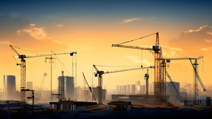 Wall Mural - tower cranes at construction site and city background