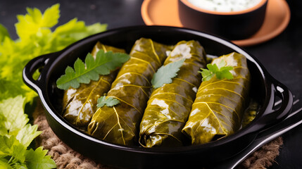 Wall Mural - Traditional Greek, Caucasian and Turkish cuisine. Delicious dolma - stuffed grape leaves with rice and meat on a dark stone background.