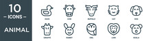 Animal Outline Icon Set Includes Thin Line Duck, Cow, Buffalo, Cat, Dog, Giraffe, Rabbit Icons For Report, Presentation, Diagram, Web Design