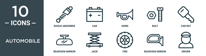 Wall Mural - automobile outline icon set includes thin line shock absorber, car, horn, bolt, car key, rearview mirror, jack icons for report, presentation, diagram, web design