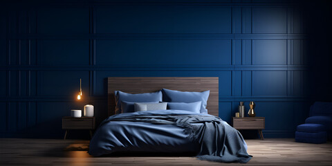 A dark blue bedroom with a blue wall and a lamp hanging above it, Interior of a classic house, a bedroom with a large bed and dark wooden furniture,dark blue bedroom interior background, generative Ai