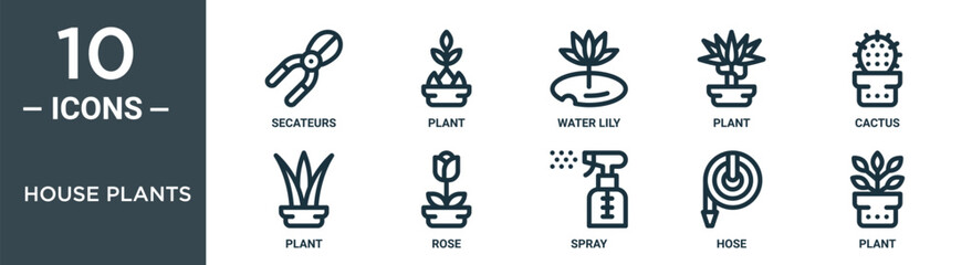 Wall Mural - house plants outline icon set includes thin line secateurs, plant, water lily, plant, cactus, plant, rose icons for report, presentation, diagram, web design