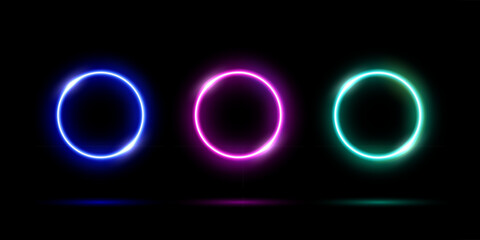 Neon circles set vector illustration. Abstract LED blue, purple and azul rings with gradient light effect and neon glowing, shiny vibrant electric or laser illuminated form for product presentation