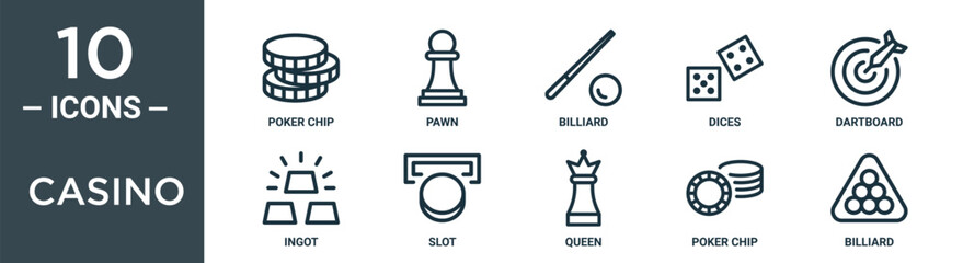 Wall Mural - casino outline icon set includes thin line poker chip, pawn, billiard, dices, dartboard, ingot, slot icons for report, presentation, diagram, web design
