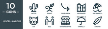 Miscellaneous Outline Icon Set Includes Thin Line Cactus, Sprout, Curve Arrow, Skyscraper, Sun Umbrella, Cat, Deal Icons For Report, Presentation, Diagram, Web Design