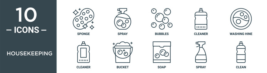 Wall Mural - housekeeping outline icon set includes thin line sponge, spray, bubbles, cleaner, washing hine, cleaner, bucket icons for report, presentation, diagram, web design