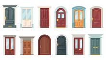 Set Of Different Entrance Doors To A House Or Building In A Flat Style.