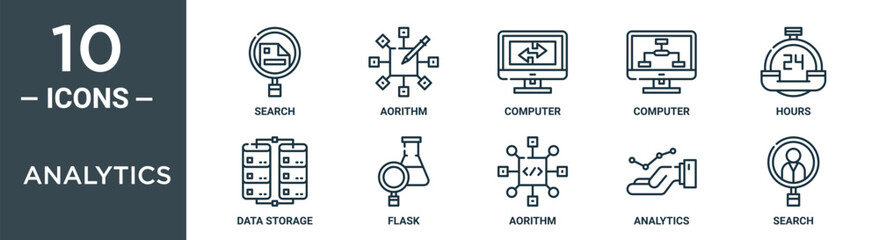 analytics outline icon set includes thin line search, aorithm, computer, computer, hours, data storage, flask icons for report, presentation, diagram, web design