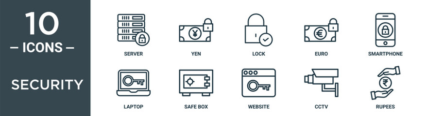 Wall Mural - security outline icon set includes thin line server, yen, lock, euro, smartphone, laptop, safe box icons for report, presentation, diagram, web design