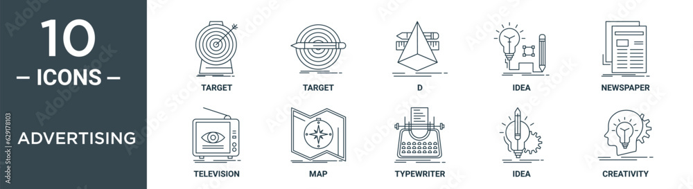 advertising outline icon set includes thin line target, target, d, idea ...