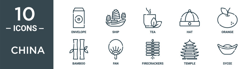 Wall Mural - china outline icon set includes thin line envelope, ship, tea, hat, orange, bamboo, fan icons for report, presentation, diagram, web design