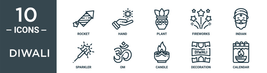 Wall Mural - diwali outline icon set includes thin line rocket, hand, plant, fireworks, indian, sparkler, om icons for report, presentation, diagram, web design