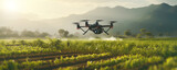 Fototapeta Tęcza - Agriculture drone fly to sprayed fertilizer on the green tea fields, Smart farm machine learning concept.