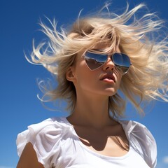 Wall Mural - beautiful blonde girl in a white suit against a blue summer sky with sunglasses