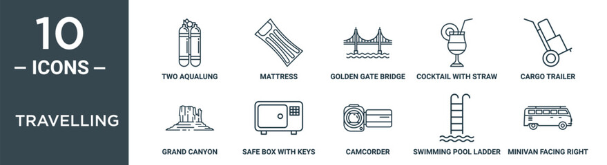 travelling outline icon set includes thin line two aqualung, mattress, golden gate bridge, cocktail with straw, cargo trailer, grand canyon, safe box with keys icons for report, presentation,