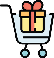Poster - Cart gift box icon outline vector. Ribbon bow. Cute package color flat