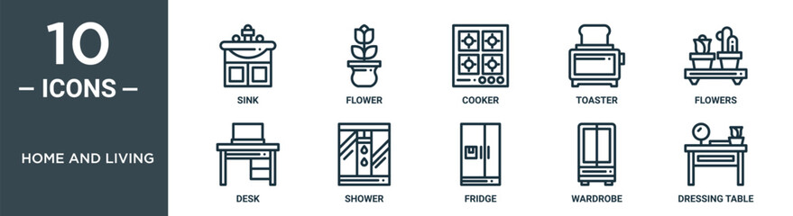Wall Mural - home and living outline icon set includes thin line sink, flower, cooker, toaster, flowers, desk, shower icons for report, presentation, diagram, web design