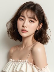 Portrait of beautiful Japanese women wearing coral off shoulder ruffle blouse, high waisted shorts, with Wavy angled lob with full bangs hair, studio background