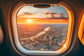 Wall Mural - amazing city view from airplane window ai generated art